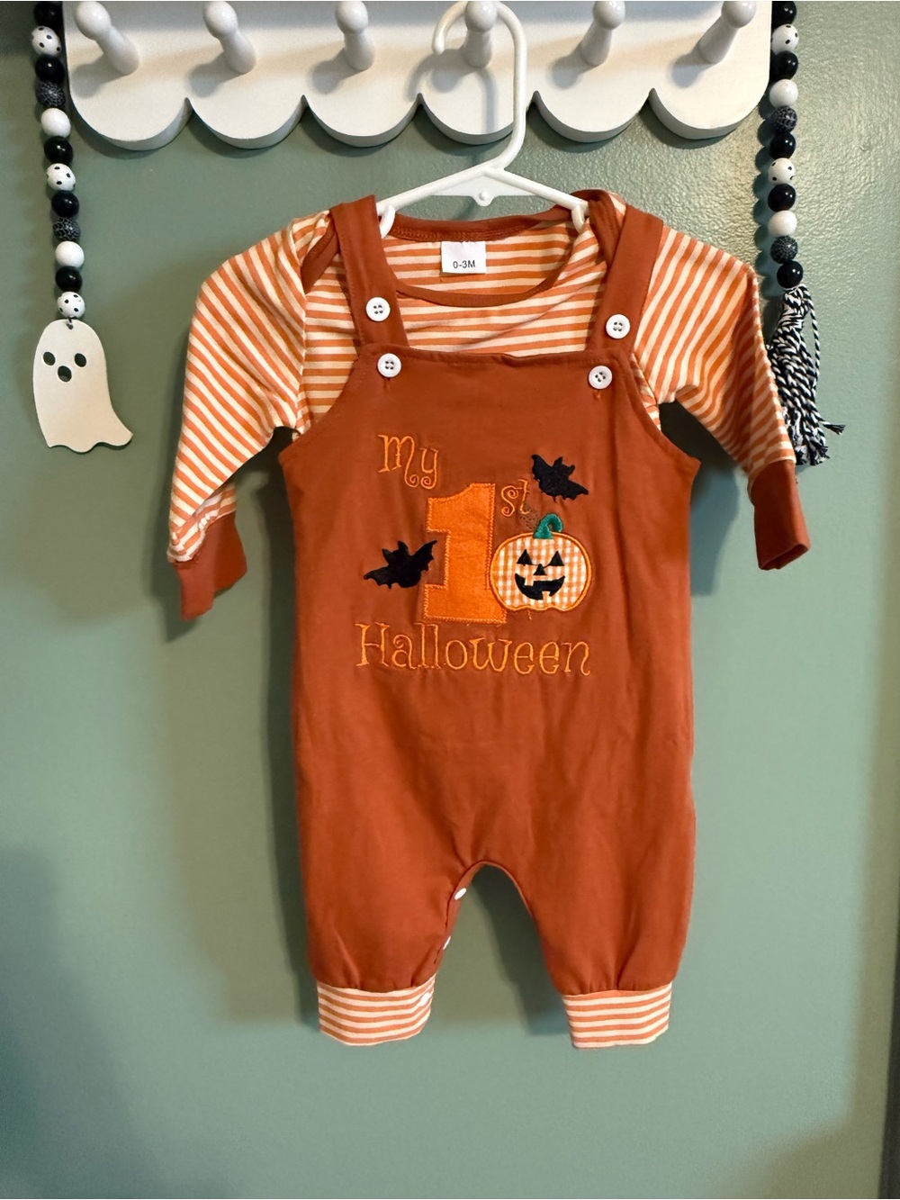 0-3M Orange "My 1st Halloween" Baby Romper with Striped Tee and Hat